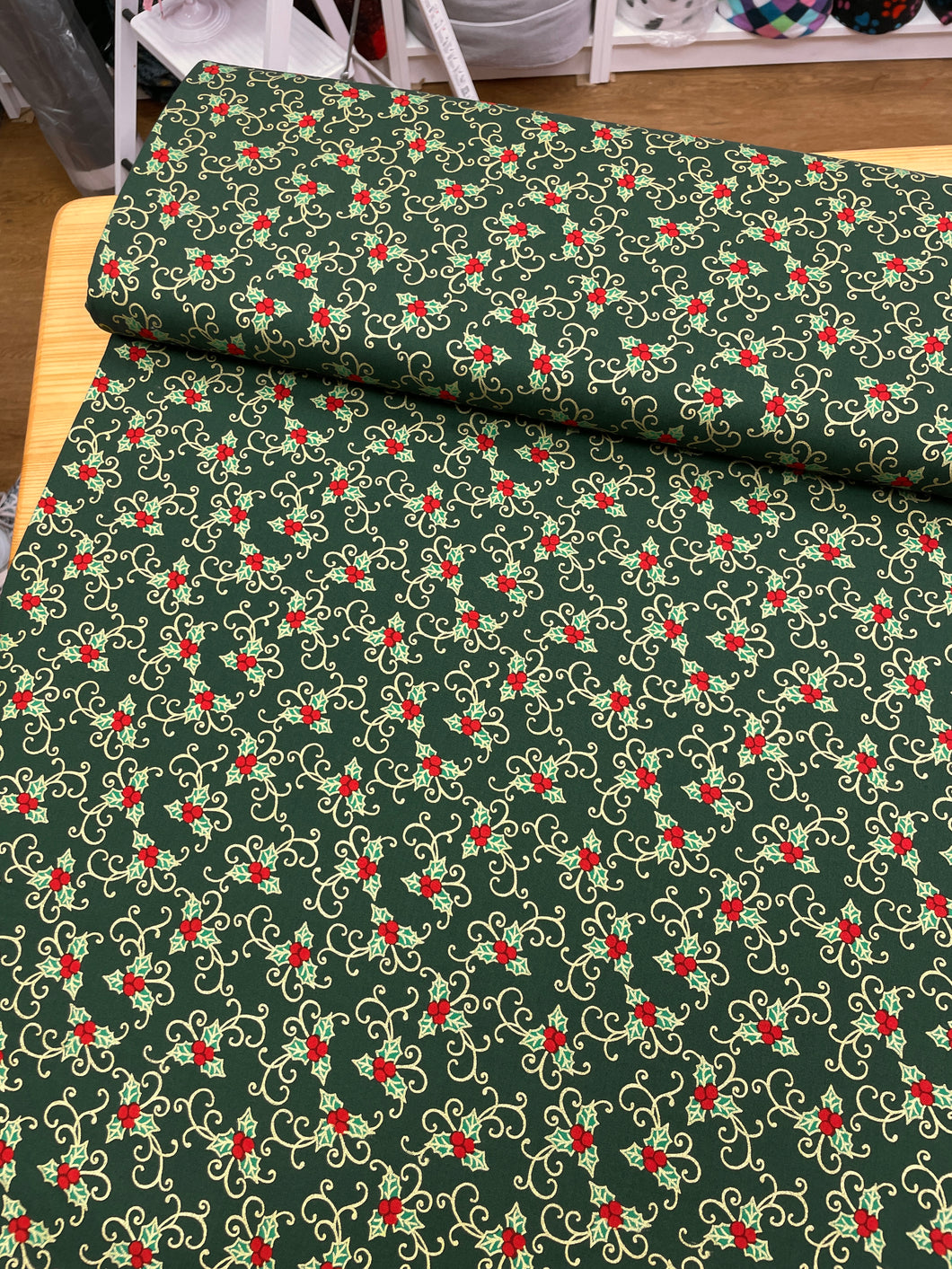 Green holly Christmas cotton