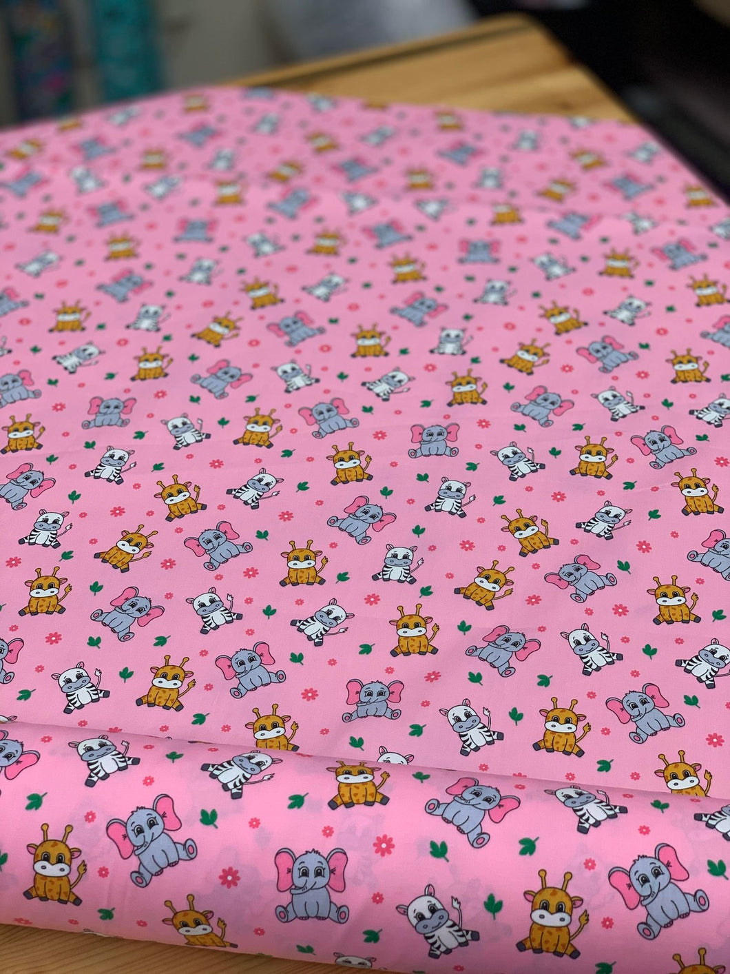 Cute baby animals on baby pink cotton poplin