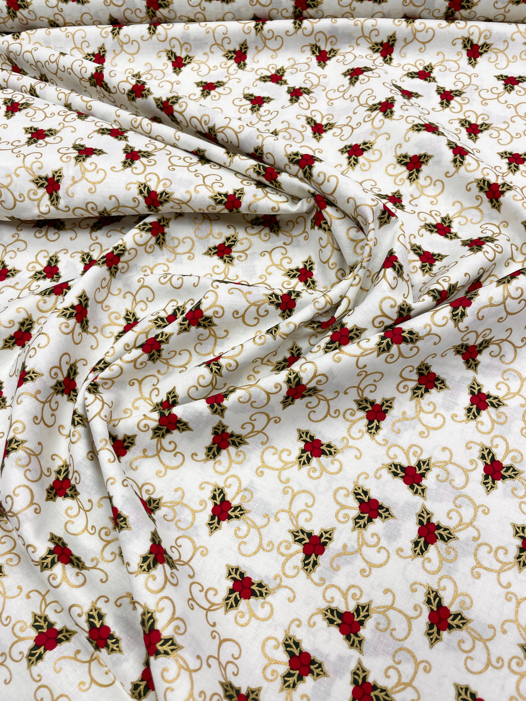 Ivory holly Christmas cotton