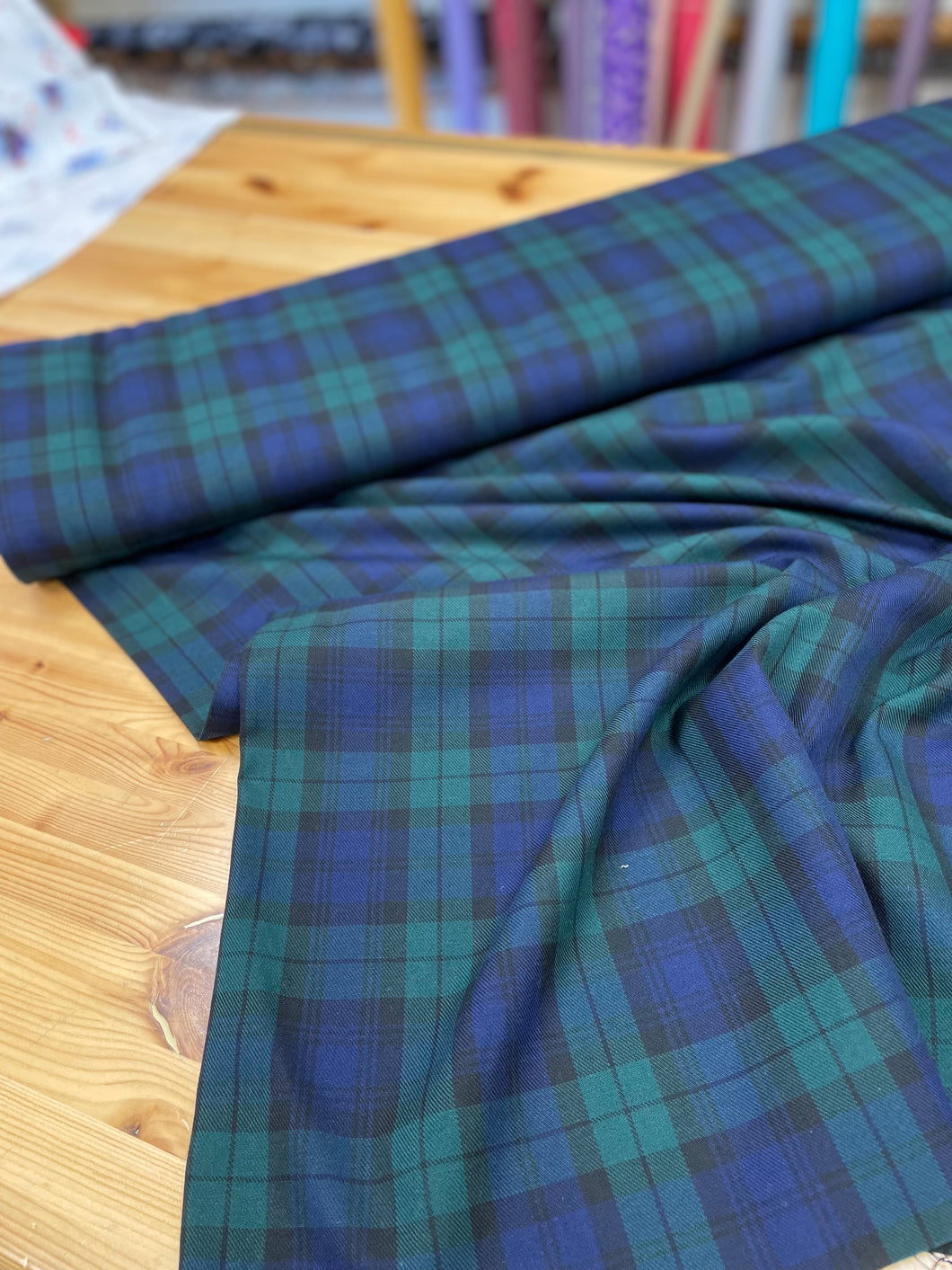 Blue and green viscose twill check